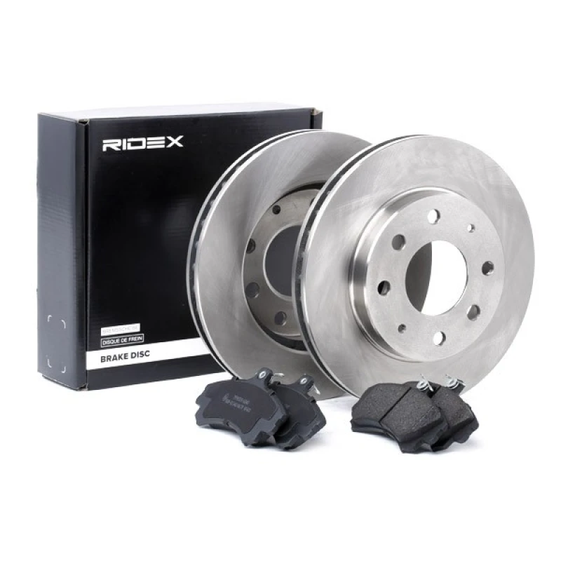 Image of RIDEX 3405B0085 Brake disc and pads set Front Axle, Brake Disc Type: Vented, with acoustic wear warning Brake Set,disc brakes (3405)