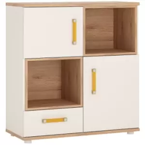 image of 4Kids 2 Door 1 Drawer Cupboard with 2 open shelves in Light Oak and white High Gloss (orange handles) - Light Oak and white High Gloss (orange