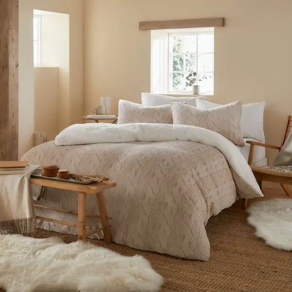 Image of Fusion Snug Cable Knit Natural Duvet Cover and Pillowcase Set Natural