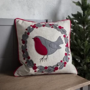Image of Robin Wreath Cushion Red/Grey/White
