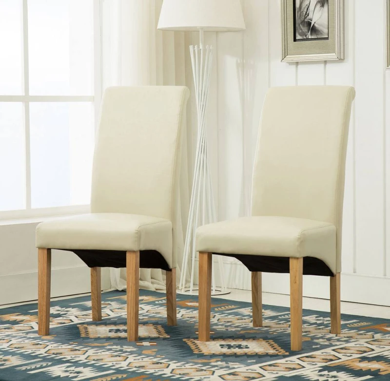 Image of MCC DIRECT Set of 2 Faux Leather Dining Chairs Roll Top Scroll High Back home restaurants CREAM PC2008