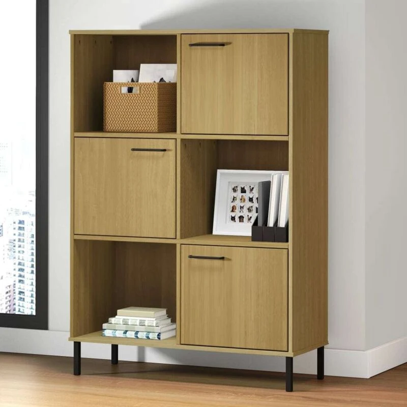 Image of Vidaxl Bookcase With Metal Legs Brown 90X35X128.5cm Solid Wood Oslo, Brown 351012