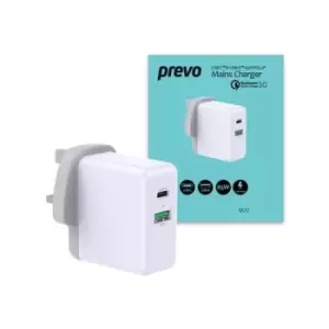 image of Prevo QC72 USB Type-C & USB Type-A Fast Charge Mains Charger with Qualcomm Quick Charge 3.0 for Laptops Ultrabooks Chromebooks iPads MacBooks Smartpho