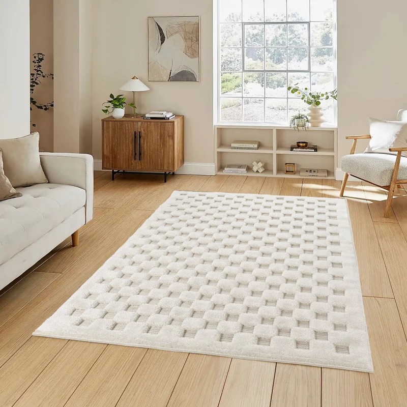 Image of Freya Living Room Area Rug Contemporary 3D Embossed Modern Cubed Design - Cream 200Cm X 290Cm