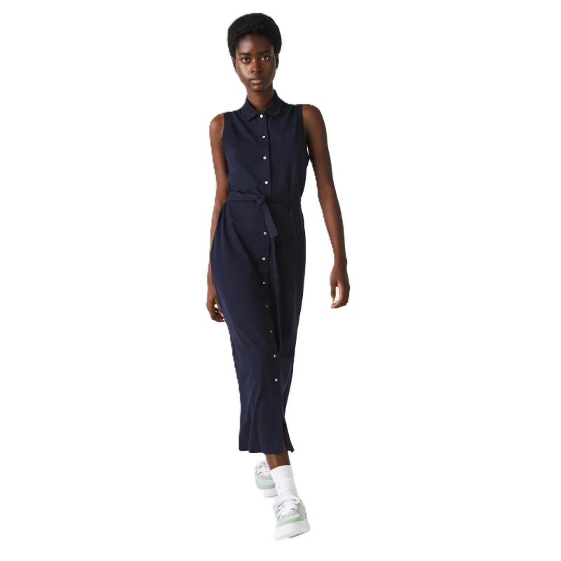 Image of Lacoste Womens Short Sleeve Button Placket Polo Dress Navy Blue female 8 (36)