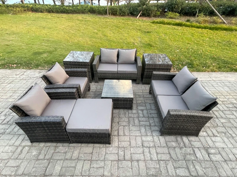 Image of Fimous Rattan Garden Furniture Set Patio Outdoor Lounge Sofa Set with Square Coffee Table Double Seat Sofa Side Tables in Dark Grey Dark Grey Unisex