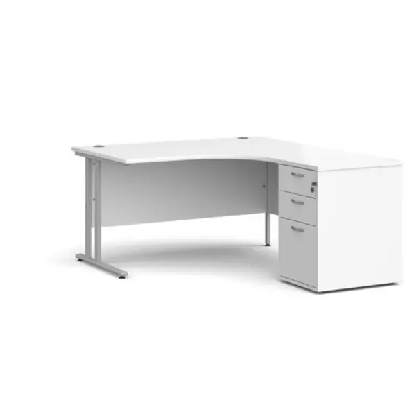 image of Office Desk Right Hand Corner Desk 1400mm With Pedestal White Top With Silver Frame Maestro 25