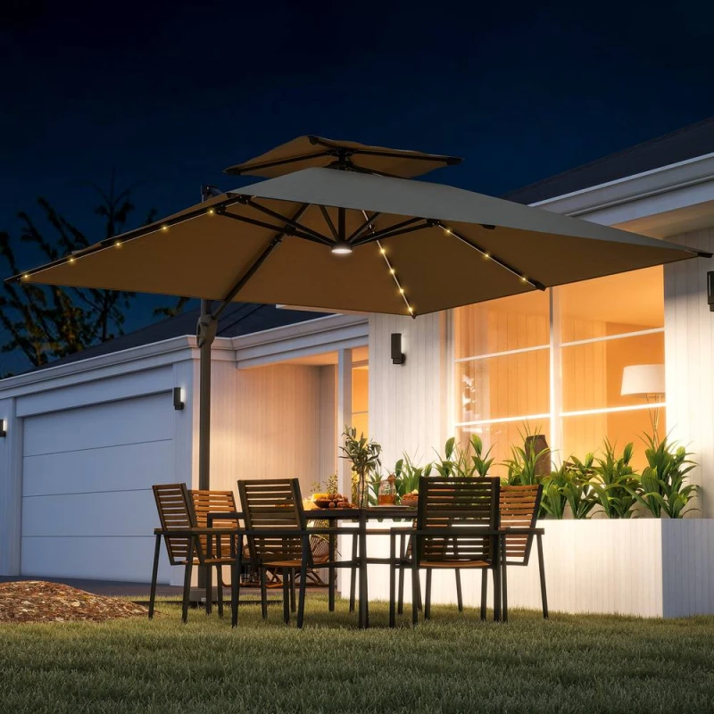 Image of Outsunny 3.5m Aluminium Cantilever Parasol w/ LED Lights Crank Tilt UV50+ Khaki, Brown 84D-433V00KK