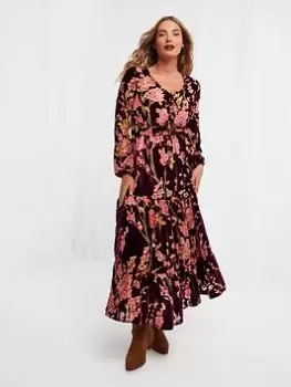 image of Joe Browns Floral Long Sleeve Midi Dress -red, Red, Size 10, Women