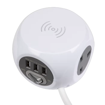 image of Extension Cable Cube 1.4M 3 X 230V + 3 X USB Sockets & Wireless Charging Pad