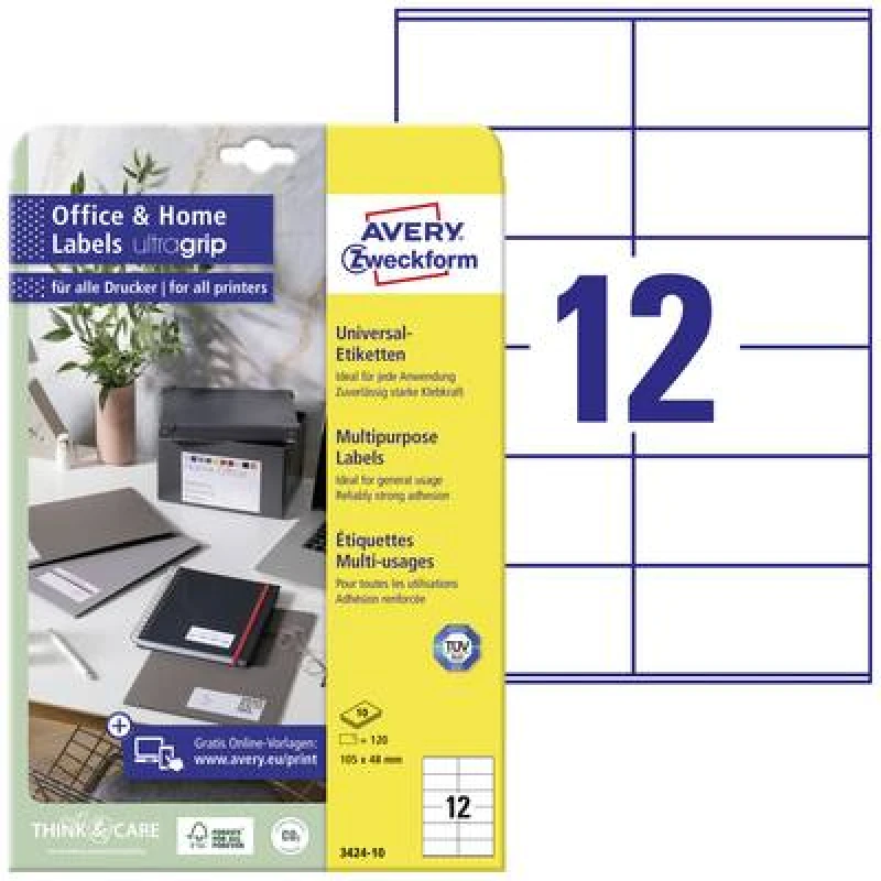 Image of Avery-Zweckform Avery-Zweckform 3424-10 105 x 48mm Paper White 120 pc(s) Permanent adhesive All-purpose labels 10 Sheet A4 3424-10