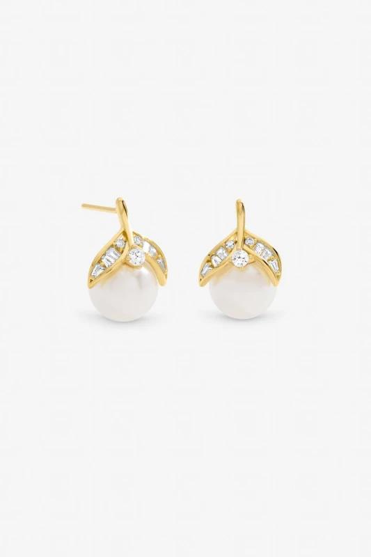 Image of Jon Richard Womens Gold Plated Crystal & Pearl Leaf Stud Earrings Gold Female One Size