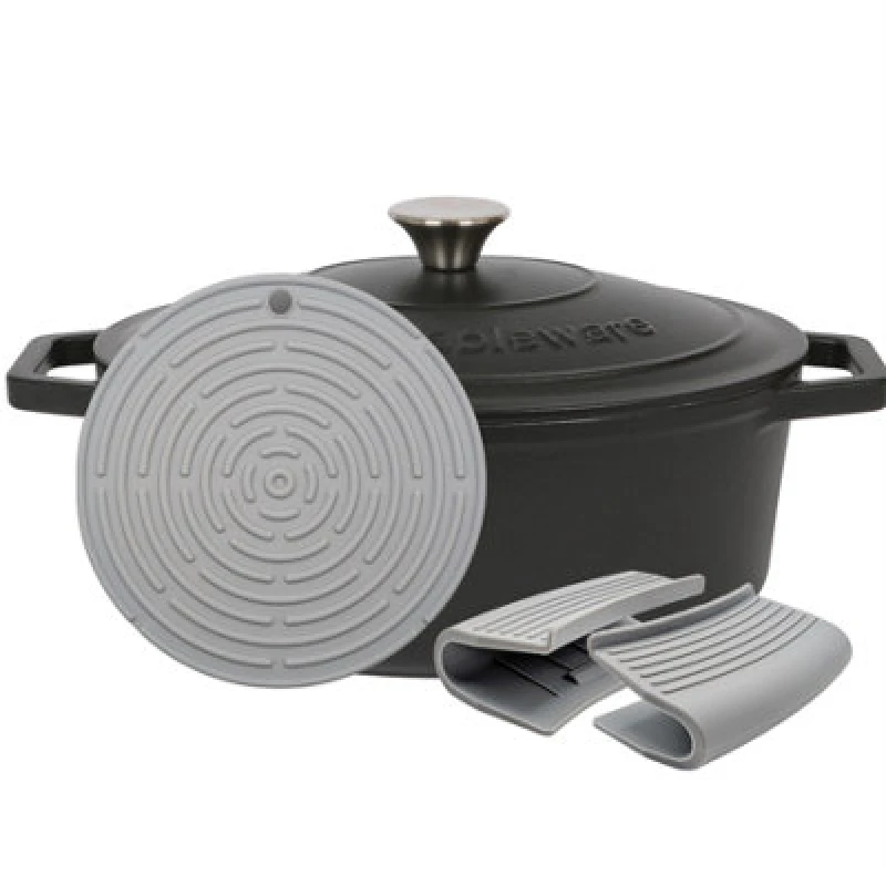 Image of Argon Tableware Oval Cast Iron Casserole Dish - 4.68L Black Enamel Finish, Oven Safe Dutch Oven Cookware With Lid
