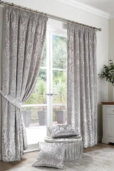 Image of Curtina 'Trinity' Jacquard Pair of Pencil Pleat Curtains Silver