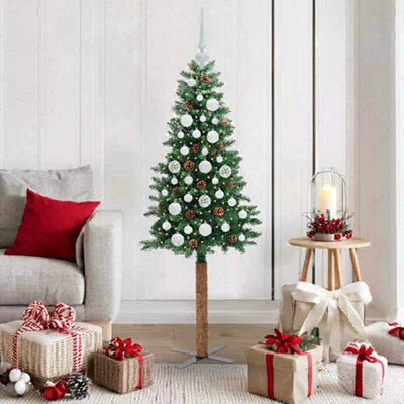 Image of vidaXL Slim Christmas Tree with White Balls Green 150cm PVC and Solid Pine wood, Green 3394854