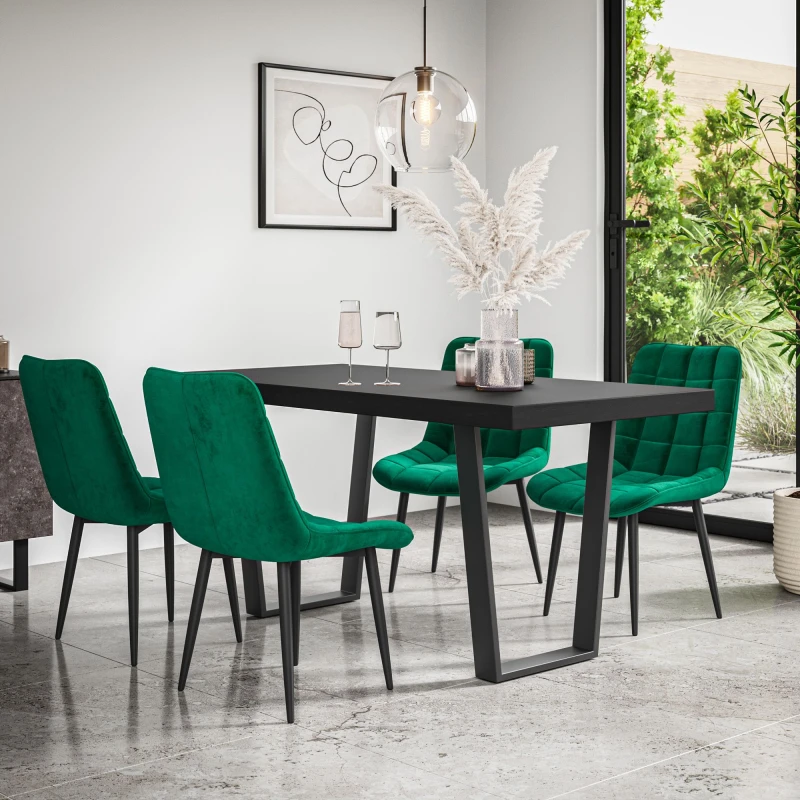 Image of More4Homes Aria Dining Table And Chairs - Black Table Top W Black Legs + Nova Velvet Dining Chair Set Of 6 (Green)