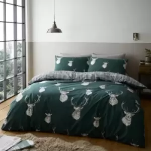 Image of Catherine Lansfield Stag Tartan Check Reversible Duvet Cover Set, Green, King