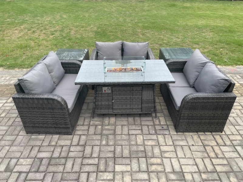 Image of Fimous Rattan Outdoor Garden Furniture Sofa Set Gas Fire Pit Dining Table Gas Heater with 2 Side Tables Love Sofa Dark Grey Mixed Dark Grey