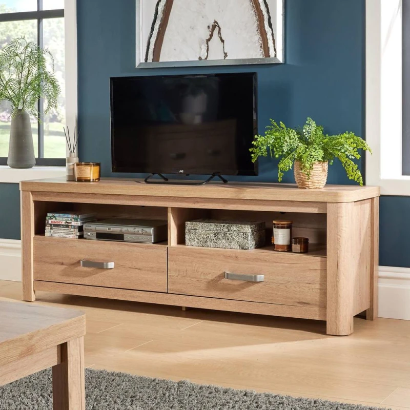 Image of Home Source Huntingdon 2 Drawer 160CM TV Storage Unit Light Oak