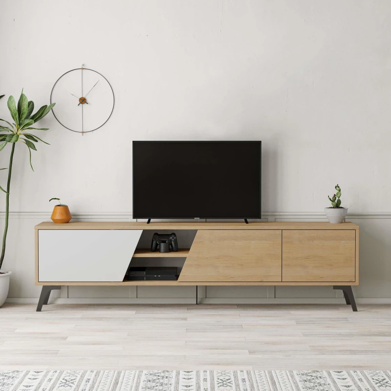 Image of DECORTIE Decortie - Fiona Modern tv Stand Multimedia Centre tv Unit With Storage Cabinet 180cm - Oak / White - White M.TV.23530.7