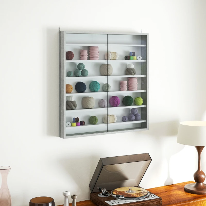 Image of HOMCOM HOMCOM 7-Tier Wall Display Cabinet w/ Adjustable Shelves Glass Doors in Grey Size: Large Grey Large Unisex 5063603019775