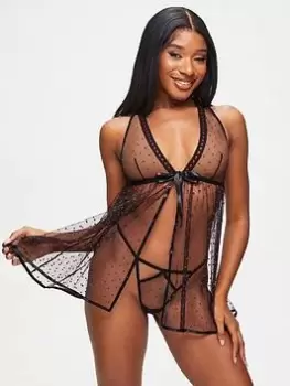 Image of Ann Summers Bodywear The Mesmerising Crotchless Babydoll Set - Black Size M Women