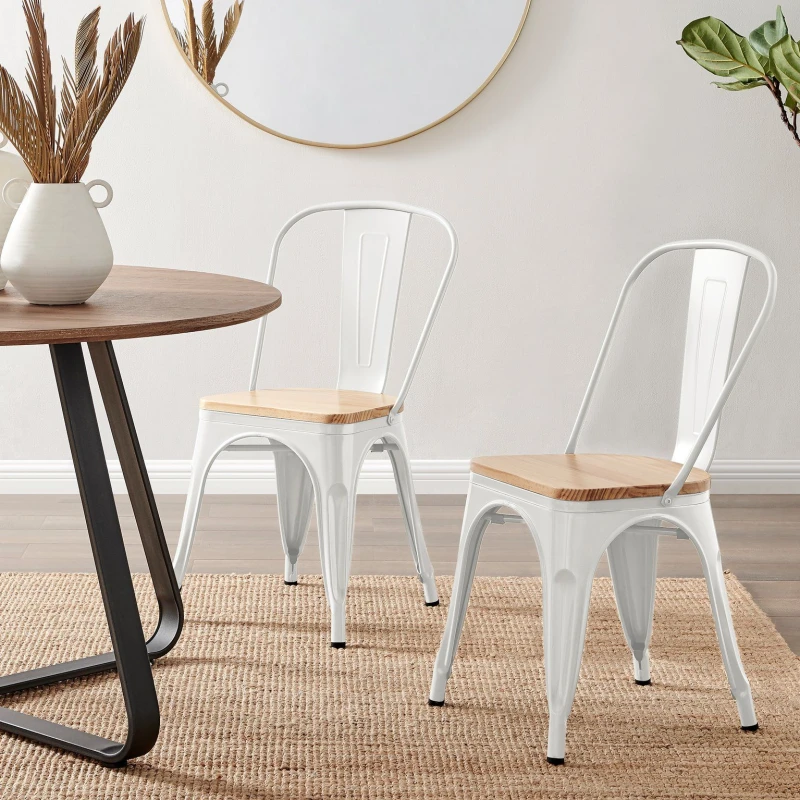 Image of FurnitureboxUK FurnitureboxUK Set of 2 Colton Industrial Steel Stackable Tolix Style Dining Chairs With Pine Seats in White White One Size Unisex 5056