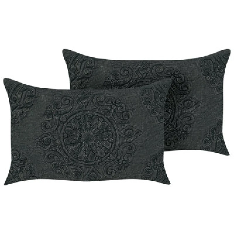 Image of Beliani Set Of 2 Decorative Cushions Veloor Cotton 30 X 50 Cm Dark Grey Oriental Pattern