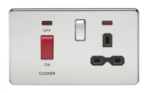 Image of KnightsBridge 2G 45A DP 230V Screwless Polished Chrome Switch With Neon and Socket - Black Insert