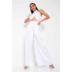 Image of I Saw It First White Satin Crossover Halterneck Wide Leg Jumpsuit - White