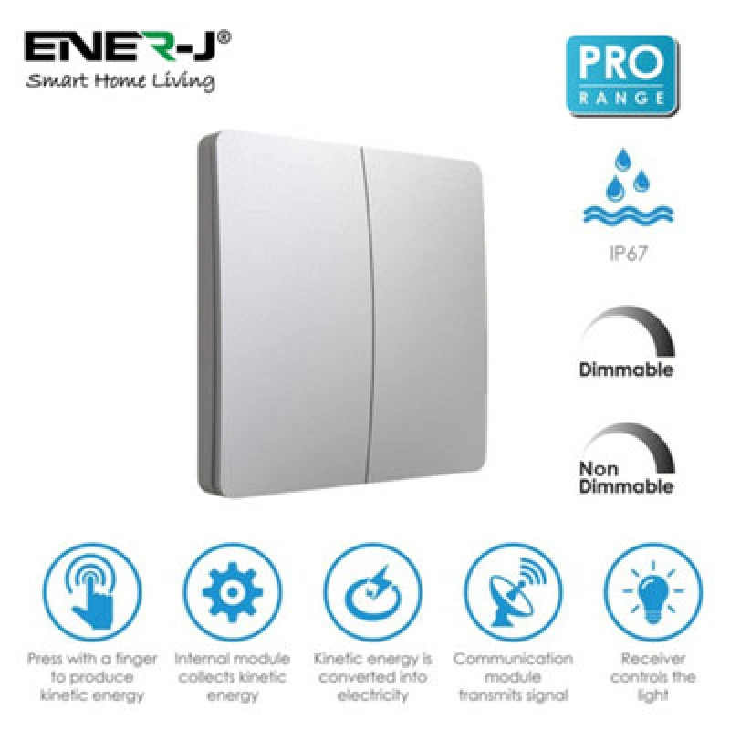 Image of Ener-J Ener - J 2 Gang Wireless Kinetic Switch Battery Free No Wiring Silver Body Dimmable And Non Dimmable