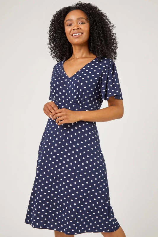 Image of Roman Womens Petite Spot Print Stretch Jersey Dress in Navy Size: 14 Navy Female 14