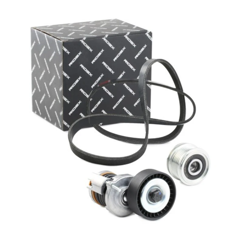 Image of RIDEX 542R0249 V-ribbed belt set Check alternator freewheel clutch & replace if necessary, Pulleys: with freewheel belt pulley V-Ribbed Belt Set (542