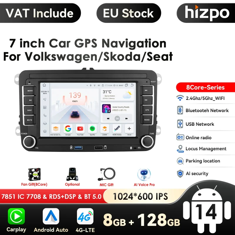 Image of 2 Din Android Car Radio GPS for VW / Volkswagen Golf 5 6 Passat B7 B6 Skoda Seat Octavia Polo Tiguan Jetta AutoRadio WIFI USB SD