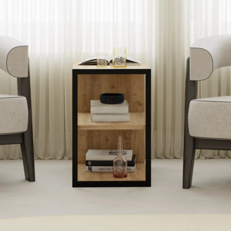 Image of Decortie Modern Echo 3-Tier Sofa End Table, Single Small Side Table, Bedside Table With Metal Frame 30(W)X42(D)Cm (Oak)