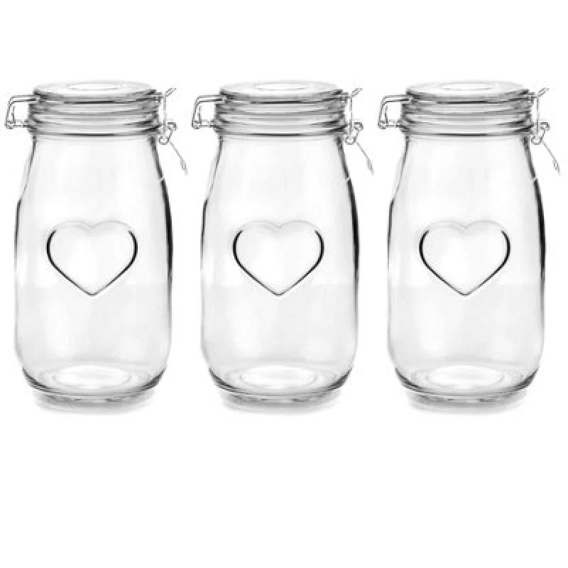 Image of Nicola Spring Heart Glass Storage Jars - 1.5 Litre - Clear Seal - Pack of 3 Clear