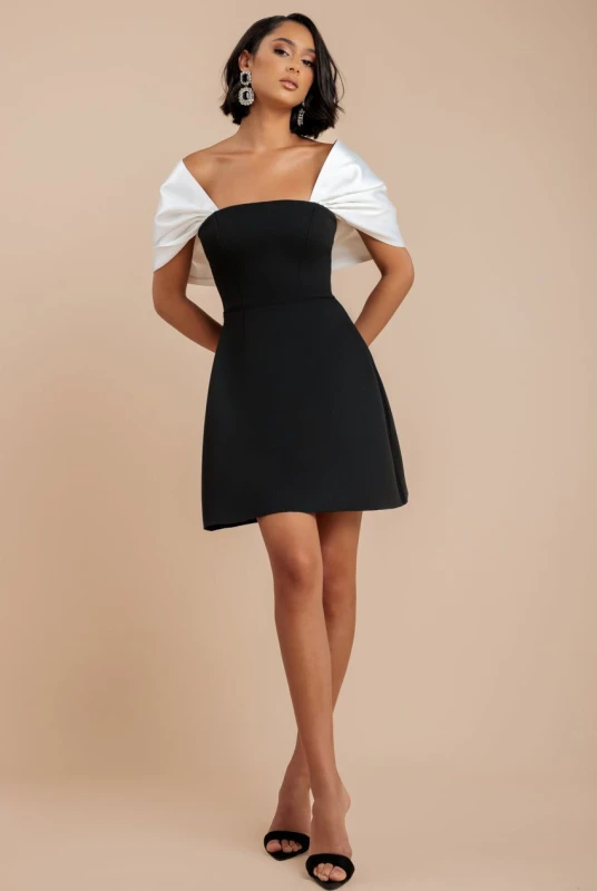 Image of Goddiva Womens Contrast Off-Shoulder Back Satin Bow Scuba Mini Dress in Black Size: 6 Black Female 6