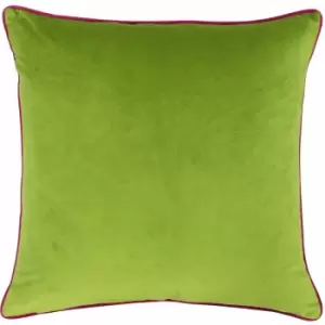 image of Riva Paoletti Meridian Faux Velvet Piped Cushion Cover, Lime/Hot Pink, 55 x 55 Cm