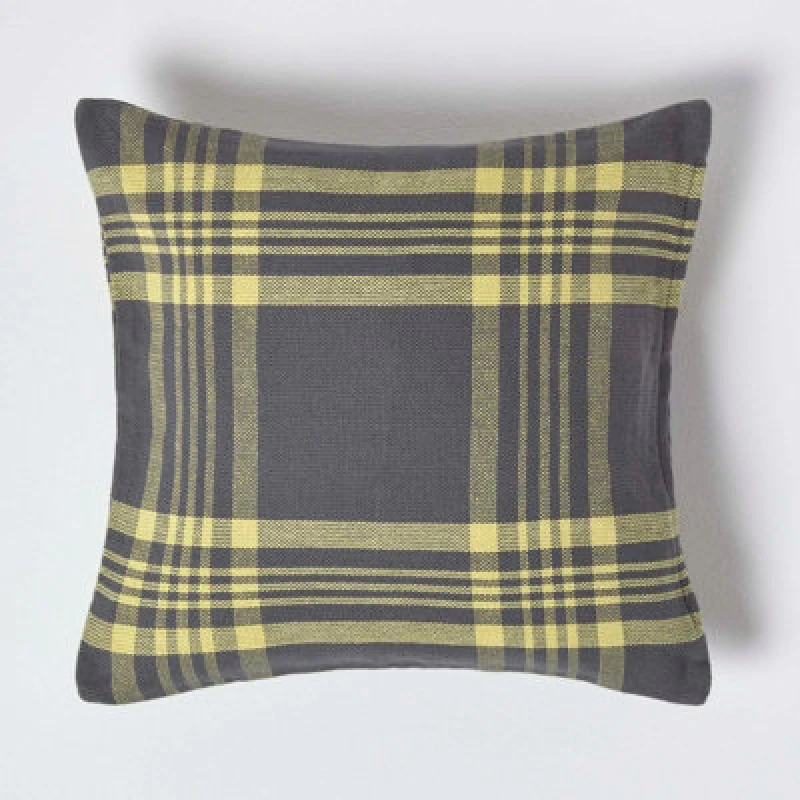 Image of Homescapes Grey & Yellow Tartan Pattern Cushion Cover, 45 X 45 Cm