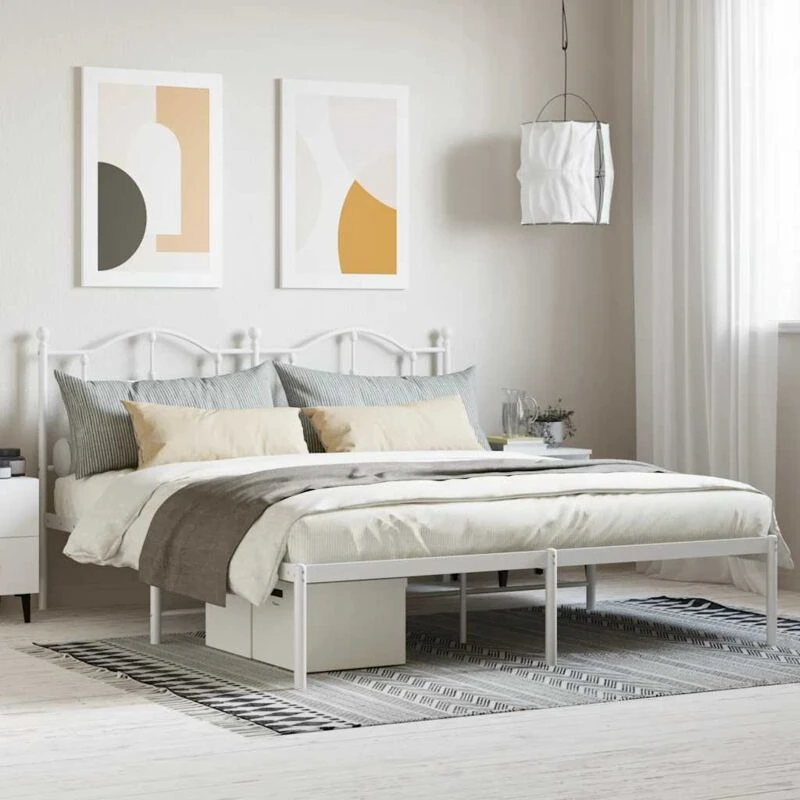 Image of Vidaxl Metal Bed Frame Without Mattress With Headboard White 160X200 Cm, White 353491