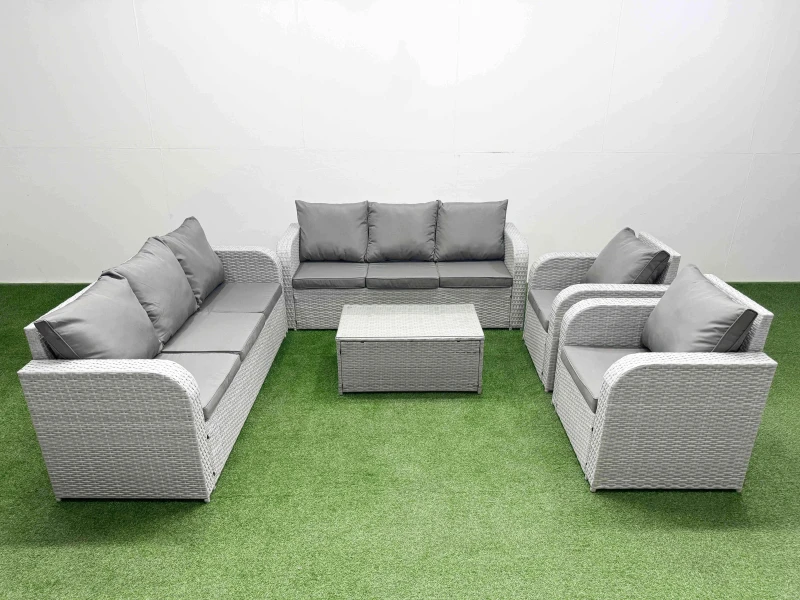 Image of Fimous PE Rattan High Back Lounge Sofa Set Patio Coffee Table & Chairs Set with 3 Seater Sofa Reclining Chair Light Grey Light Grey