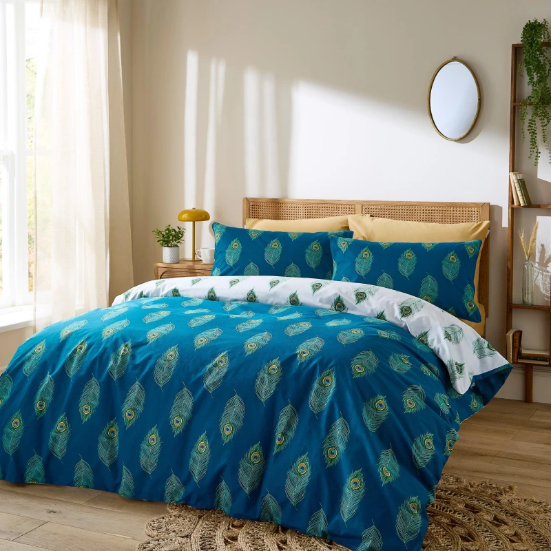 Image of Their Nibs Peacock Feather Cotton Reversible Duvet Cover Set Teal Green unisex Double