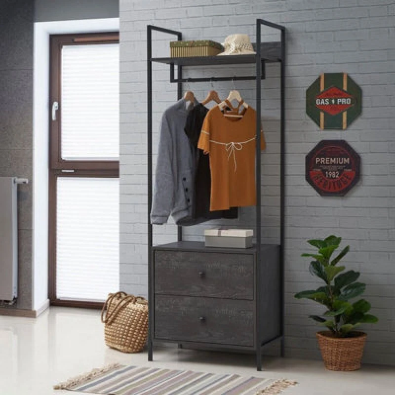 Image of Zahra Open Wardrobe With 2 Drawers In Black With Metal Frame