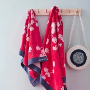 image of Joules Penzance Floral 100% Cotton Red Towel Red, White and Blue