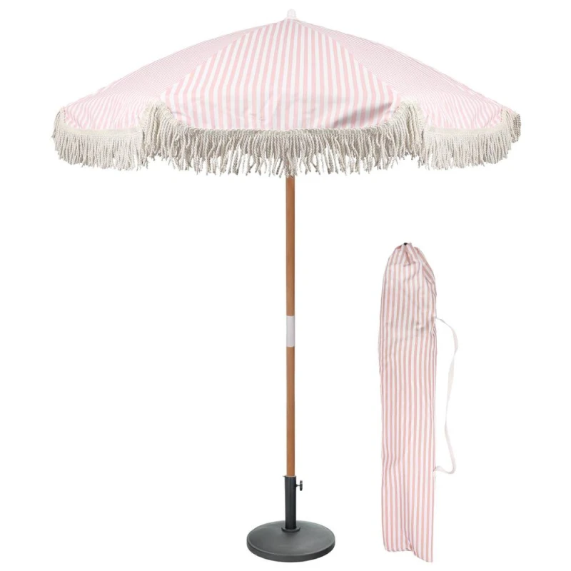 Image of Harbour Housewares 1.4M Tassel Fringed Wooden Garden Parasol & Base Set with Carry Bag in Pink Pink Unisex