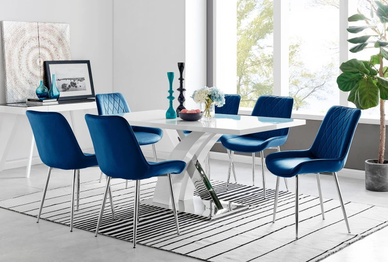 Image of FurnitureboxUK FurnitureboxUK Atlanta 6 White Dining Table and 6 Pesaro Silver Leg Chairs in Navy Navy One Size Unisex 5056542664595