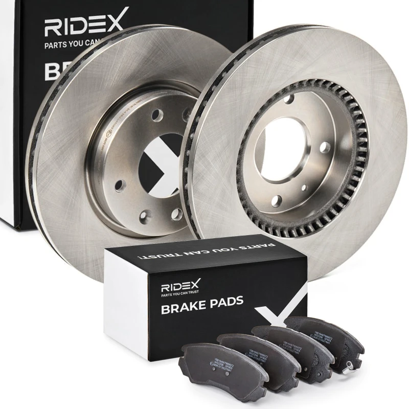 Image of RIDEX 3405B1635 Brake disc and pads set Front Axle, Brake Disc Type: Vented, with acoustic wear warning, with anti-squeak plate Brake Set,disc brakes