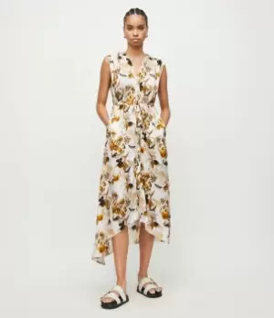Image of AllSaints Womens Womens Viscose Relaxed Fit Tate Soleil Maxi Dress, Yellow, White and Black, Size: 10, Yellow/White/Black