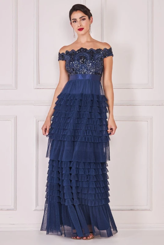 Image of Goddiva Womens Scallop Bardot Ruffle Mesh Maxi in Navy Size: 10 Navy Female 10