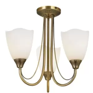 image of Semi Flush Ceiling Light Antique Brass & Glass 3 Bulb Dimmable Pendant Shade